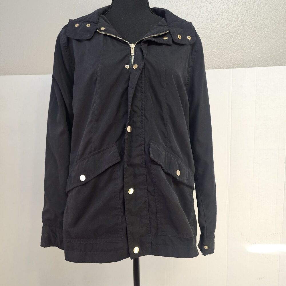 Haute Monde Women Black Windbreaker Jacket Gold Hardwear Sz Med Casual Zip X521